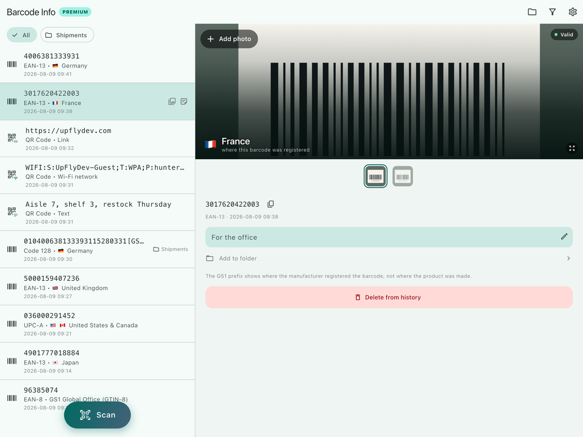 Barcode Info on an iPad held sideways: the scan history on the left and a scan with its photos and note on the right