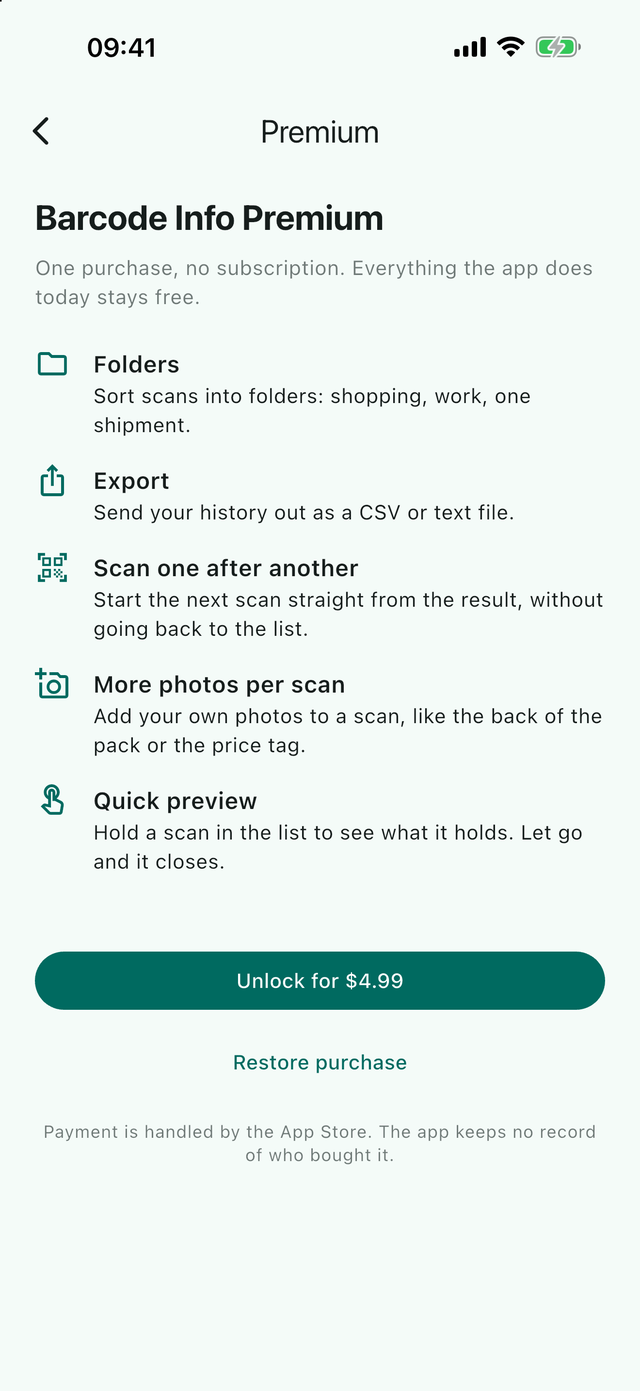 The Barcode Info Premium screen: folders, export, scanning one after another, more photos per scan and quick preview, with one Unlock button and Restore purchase