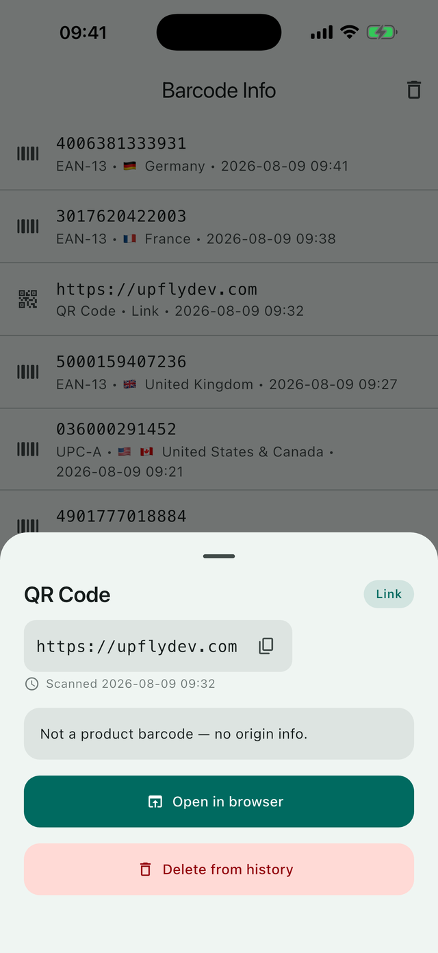 A QR code result classified as a link, with no origin information claimed