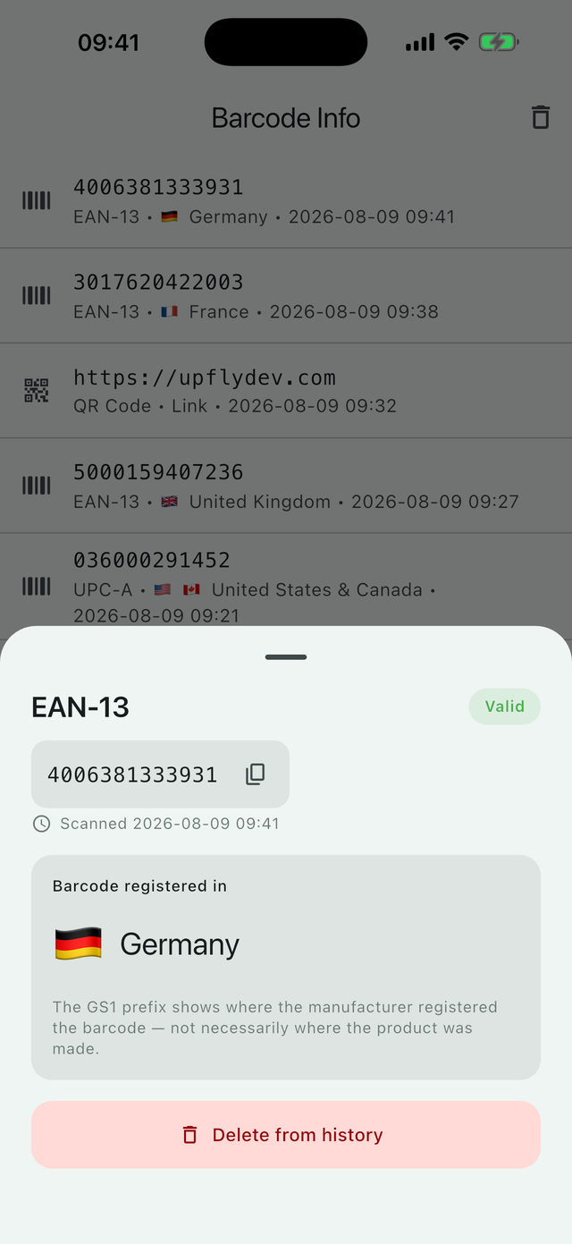 An EAN-13 result: valid check digit and the barcode registered in Germany