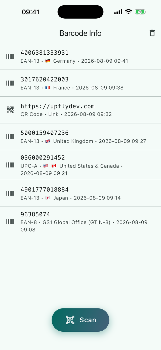 Barcode Info history on iPhone: scanned codes with symbology, country of registration and time