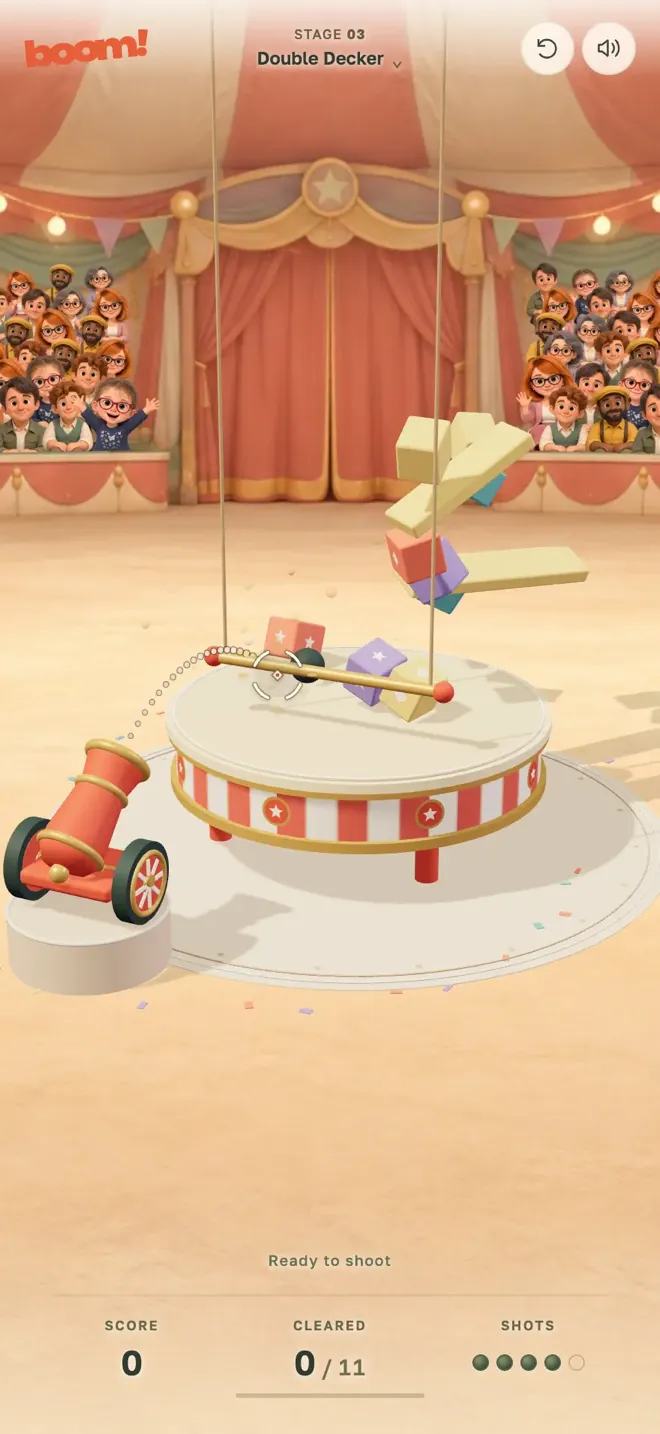 Double Decker in Act 2: props fly off a two-level stack as a trapeze bar swings across