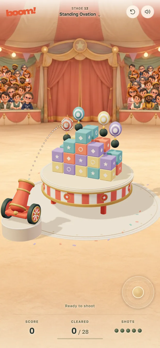 A tall stack of props under four balloons that carry bombs