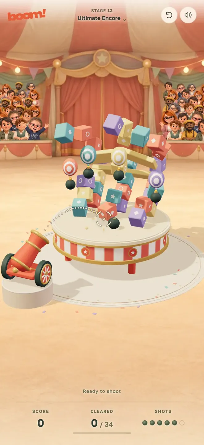 Ultimate Encore in Act 3: a deep build of props under bomb balloons comes apart