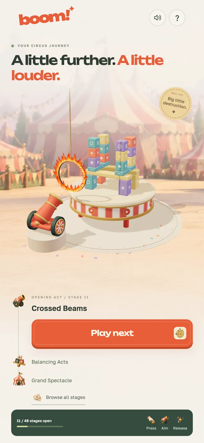 The home screen: a circus poster with a live 3D preview and the next stage on the Play button