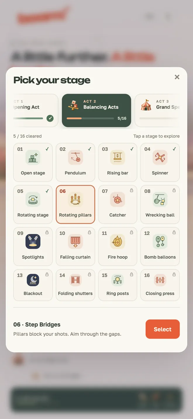 The stage picker: Act 2, Balancing Acts, with five of its sixteen stages cleared