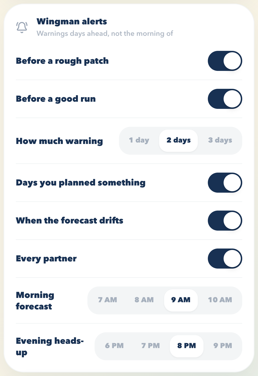 The Wingman alerts card in Settings: warnings before a rough patch and before a good run, two days of warning, plan reminders, forecast drift, every partner, and morning and evening hours