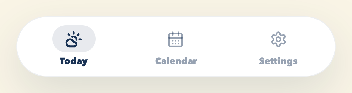 The new tab bar: a floating rounded capsule with Today, Calendar and Settings