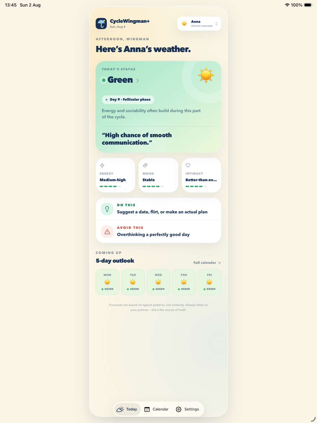 CycleWingman 1.4.1 on an iPad: the phone layout in a narrow column in the middle of the screen
