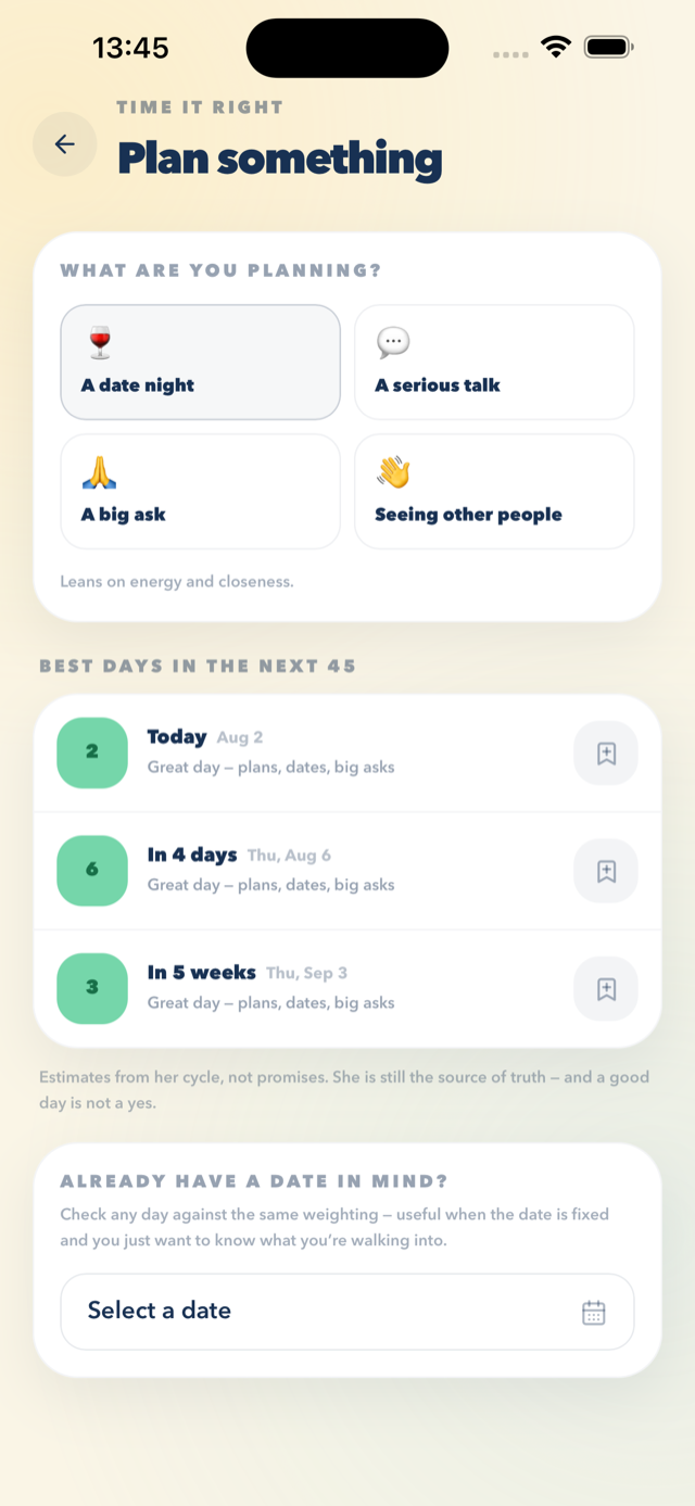 The CycleWingman planner suggesting the best days for a date night