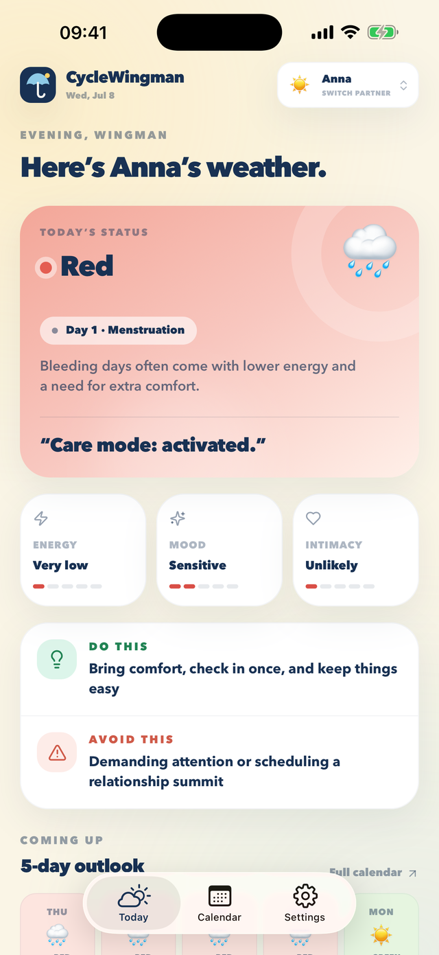 CycleWingman Today screen on iPhone showing a green forecast with energy, mood and intimacy outlook