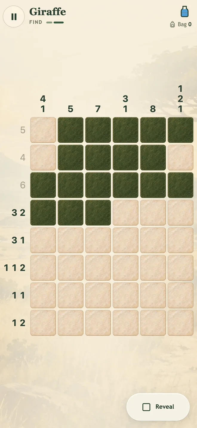 Expedition on iPhone: a nonogram board half solved, with the clue numbers along the top and side