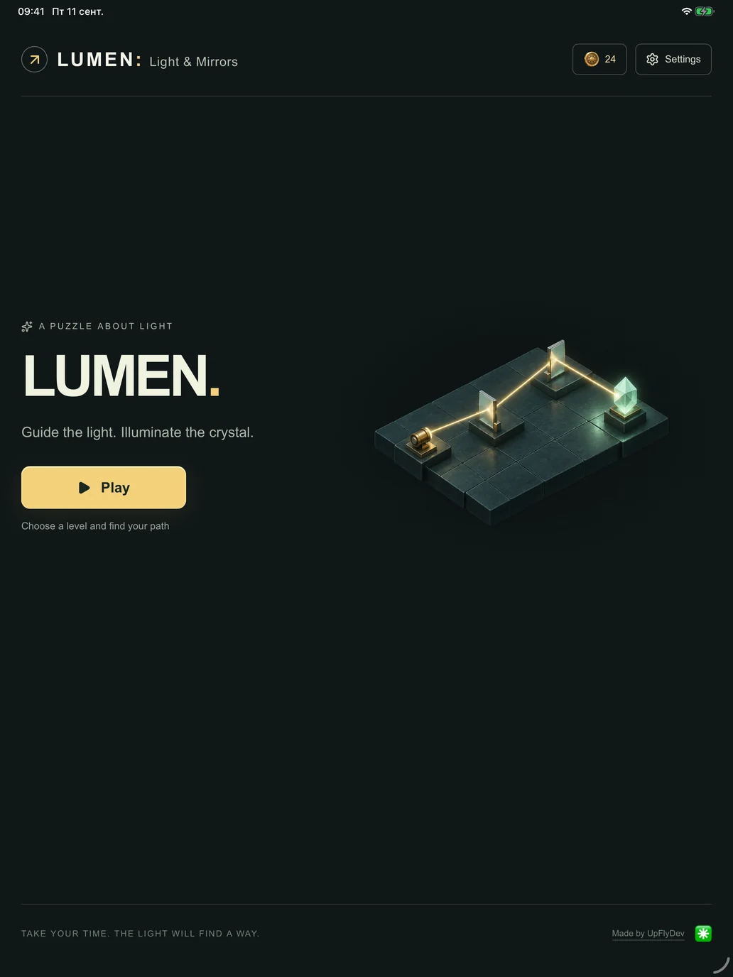 Lumen main menu on iPad with a brass lamp, mirrors and a crystal