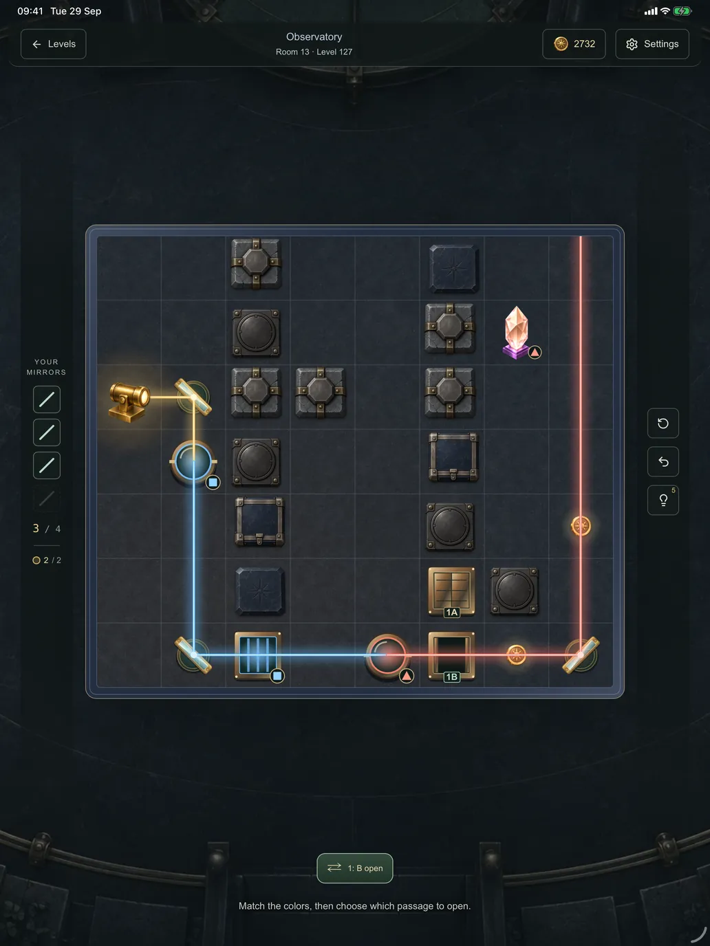 An observatory puzzle on iPad: blue and red light, colored gates and a shutter button beside the board