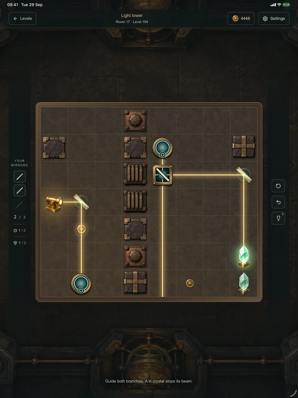 A light tower puzzle on iPad: portals and a splitter lead the beam to two crystals
