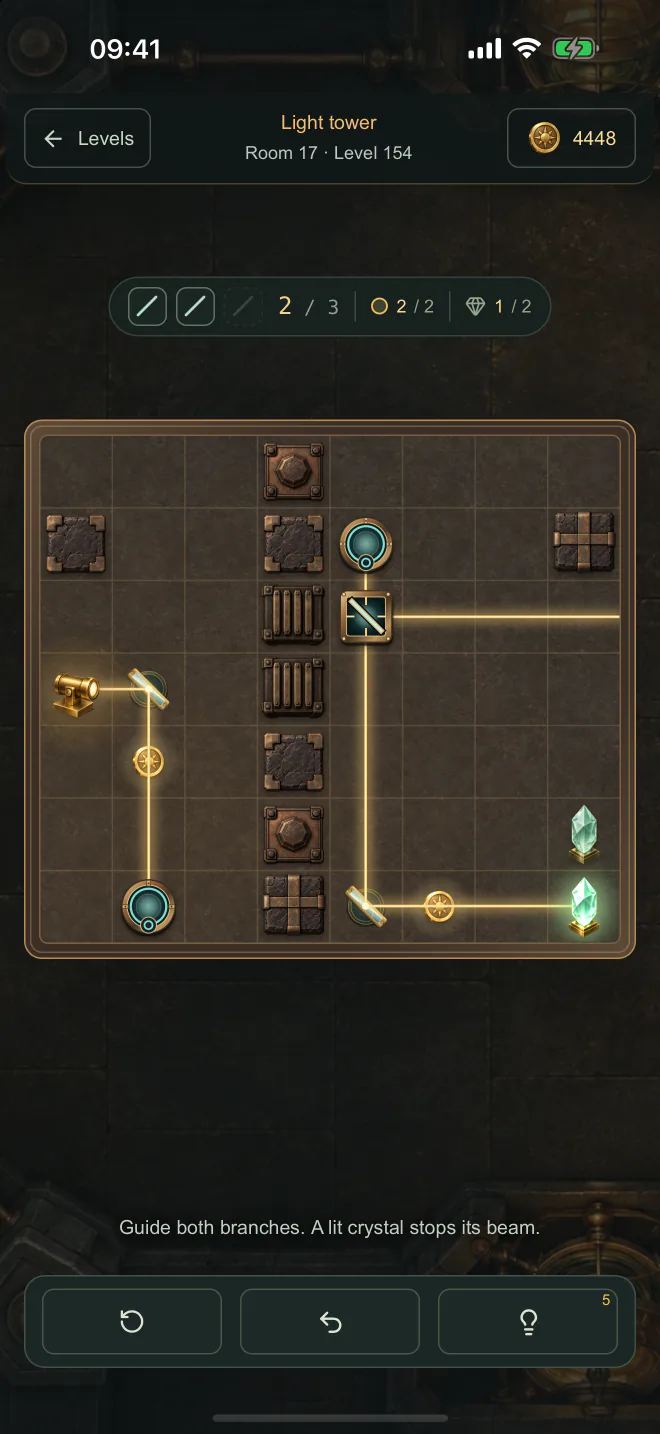 A light tower puzzle on iPhone: a pair of portals and a splitter send the golden beam along two branches to two crystals