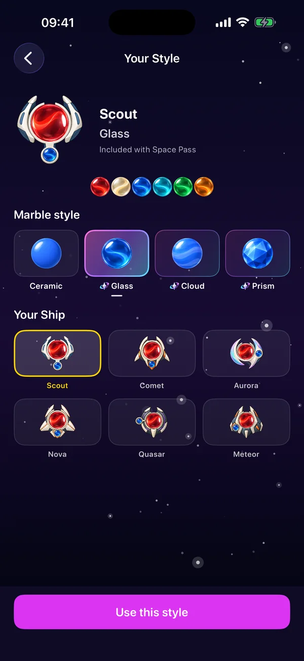 Cosmic Marbles' Your Style page: the Scout ship with a red marble loaded and a blue spare, six marble colours in Glass, four material cards (Ceramic, Glass, Cloud, Prism) and a grid of six ships