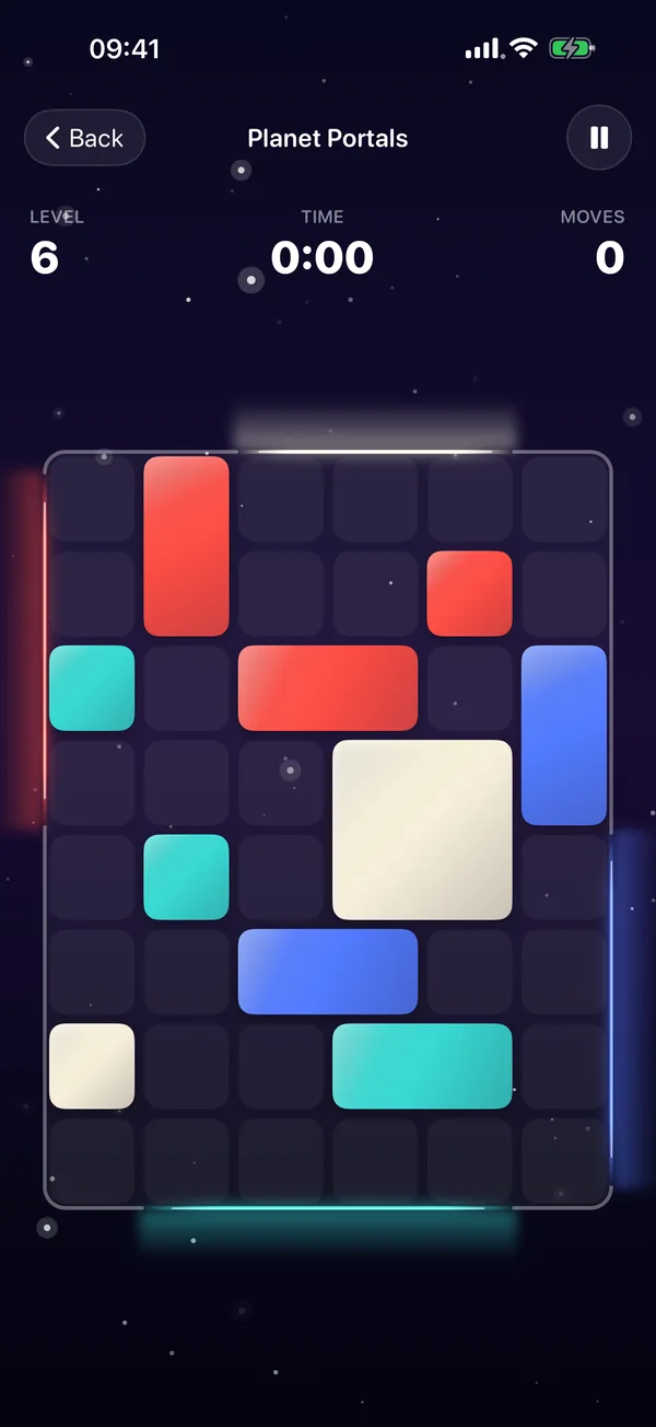 A Planet Portals board in the default look: red, cream, cyan and blue blocks with no frames, and gates drawn as lines of light with no caps