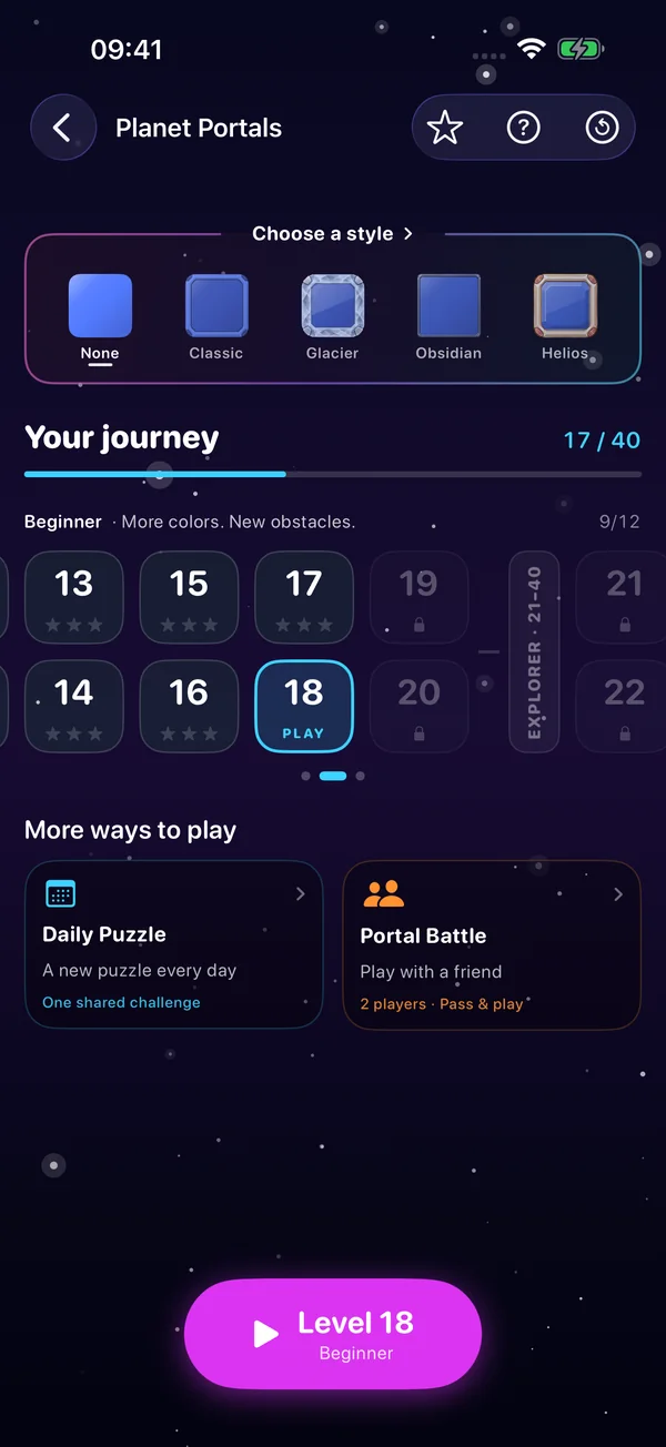 The Planet Portals level list: the Choose a style card with five samples, a progress bar reading 17 of 40, and the road — a two-lane strip of level tiles with the Explorer signpost standing at the edge of the screen