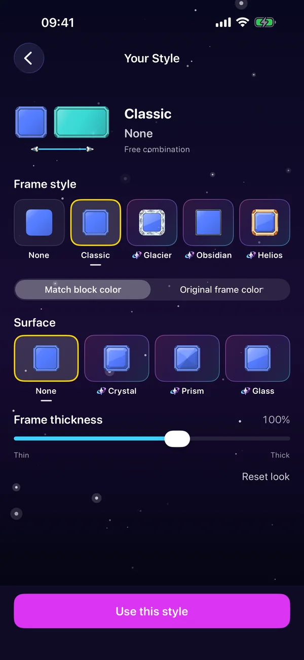 Planet Portals' Your Style page: a live preview of a square block, a long block and a gate, a row of five frame cards (None, Classic, Glacier, Obsidian, Helios), a Match block color / Original frame color switch, four surface cards and a frame thickness slider