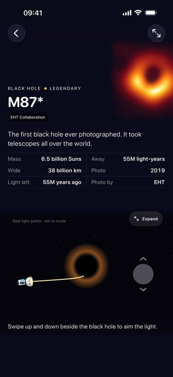 The M87* exhibit page: the Event Horizon Telescope's photograph of the black hole, its facts, and below them a lamp shining a ray of light towards the black hole, with the line Real light paths, not to scale