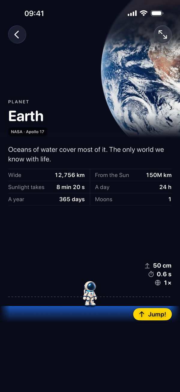 The Earth exhibit page: Apollo 17's photograph of Earth beside the name, a table of facts, and below it an astronaut on a blue strip of ground next to a Jump button, with the last jump read out as 50 cm, 0.6 seconds and 1x Earth's gravity