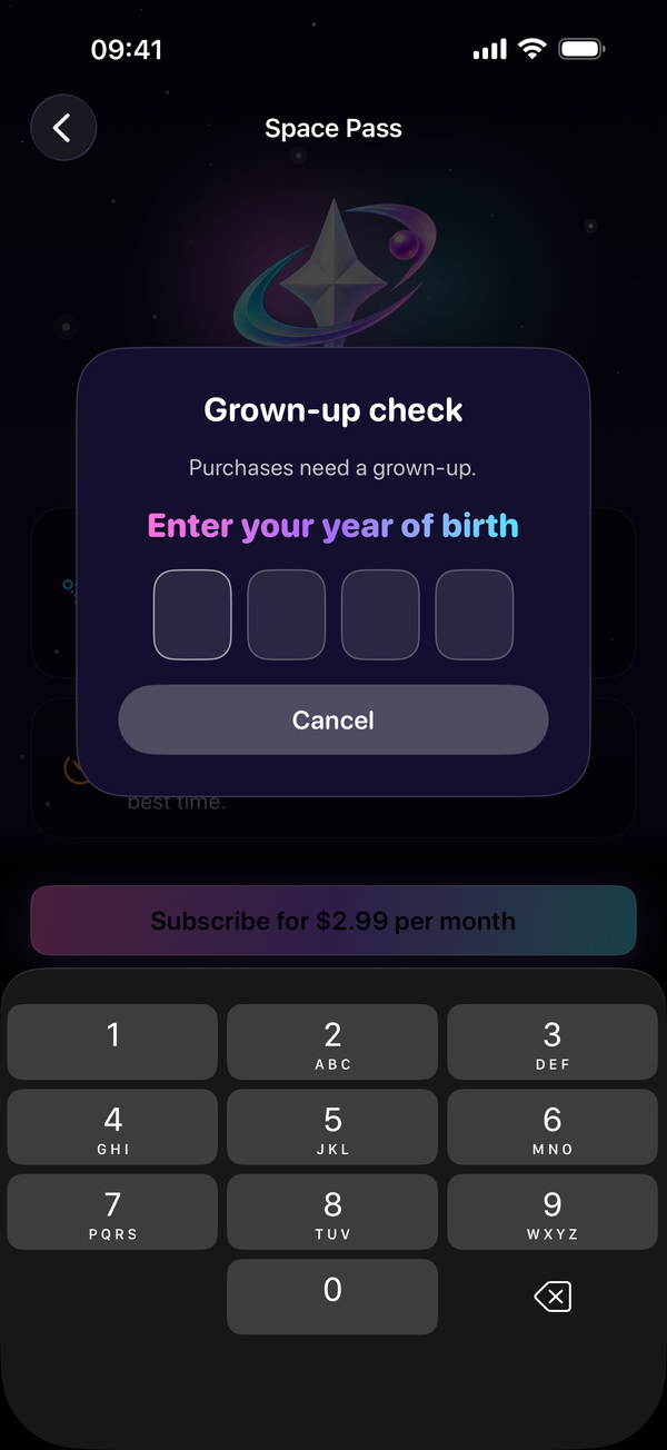 The grown-up check over the Space Pass screen: Purchases need a grown-up, Enter your year of birth, four empty digit cells, a Cancel button and the number keypad