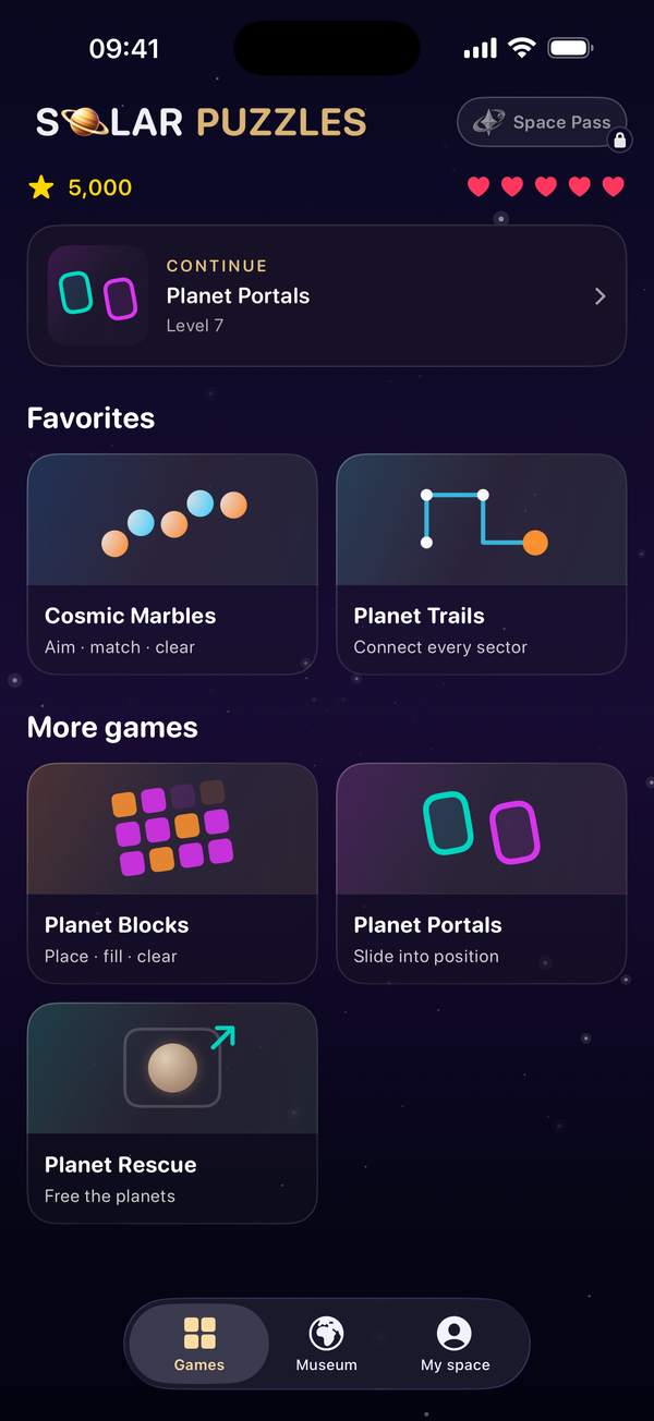 The Solar Puzzles 1.7 game library on iPhone: a Continue card for Planet Portals level 7, Cosmic Marbles and Planet Trails pinned under Favorites, Planet Blocks, Planet Portals and Planet Rescue under More games, and the Games, Museum and My space tabs