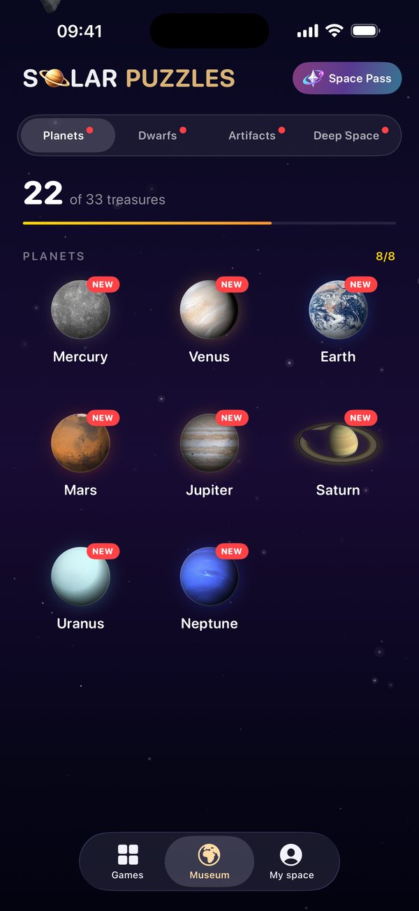 The Space Museum tab: the Planets, Dwarfs, Artifacts and Deep Space shelves in one strip, each with a small red dot, above photographs of the eight planets