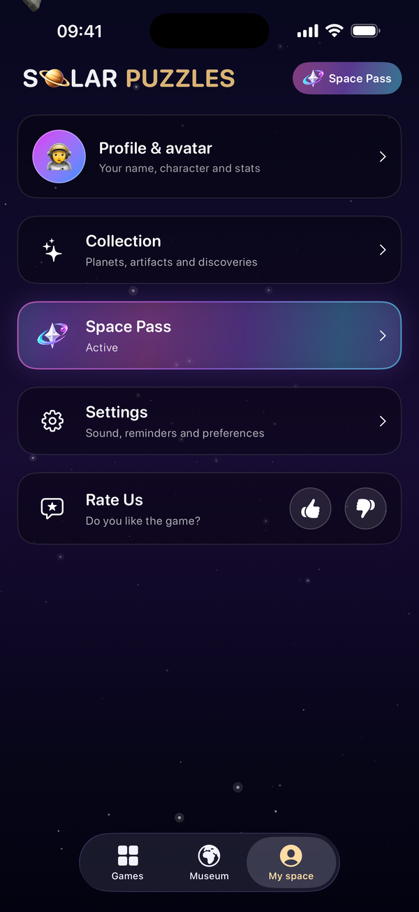My space with the Space Pass held: Profile and avatar, Collection, a Space Pass row lit with the pass's colours and reading Active, Settings, and a Rate Us card with thumbs-up and thumbs-down buttons