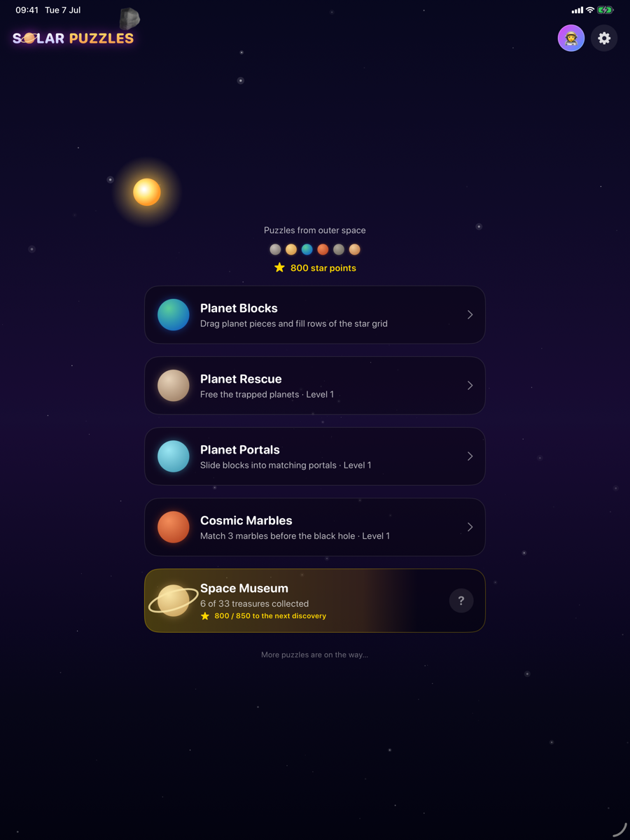 Solar Puzzles home screen on iPad