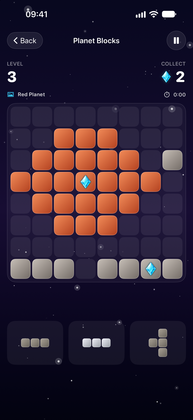 Crystal Hunt in Planet Blocks: the Red Planet, a pixel picture of Mars built of blocks, with crystals to collect and three pieces in the tray