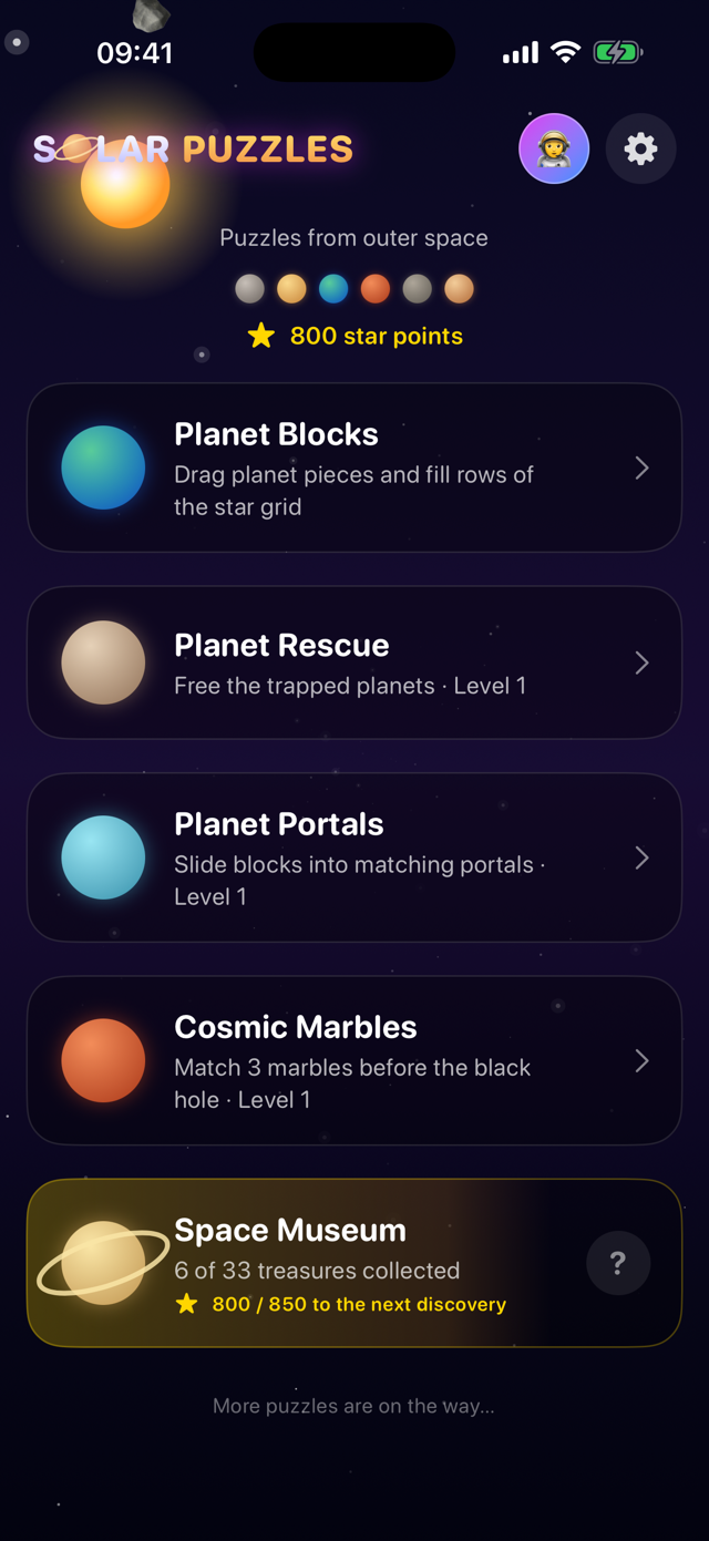 Solar Puzzles home screen on iPhone listing Planet Blocks, Planet Rescue, Planet Portals, Cosmic Marbles and the Space Museum