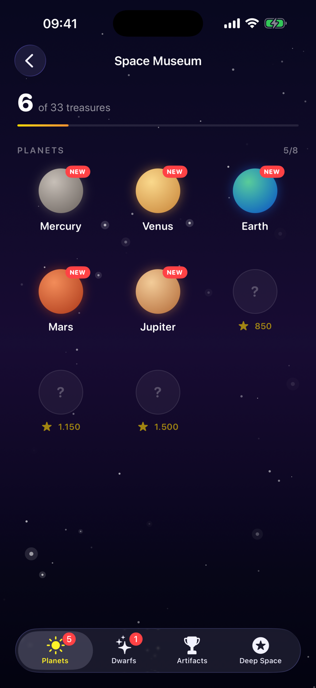 The Space Museum in Solar Puzzles, showing collected planets with real photographs
