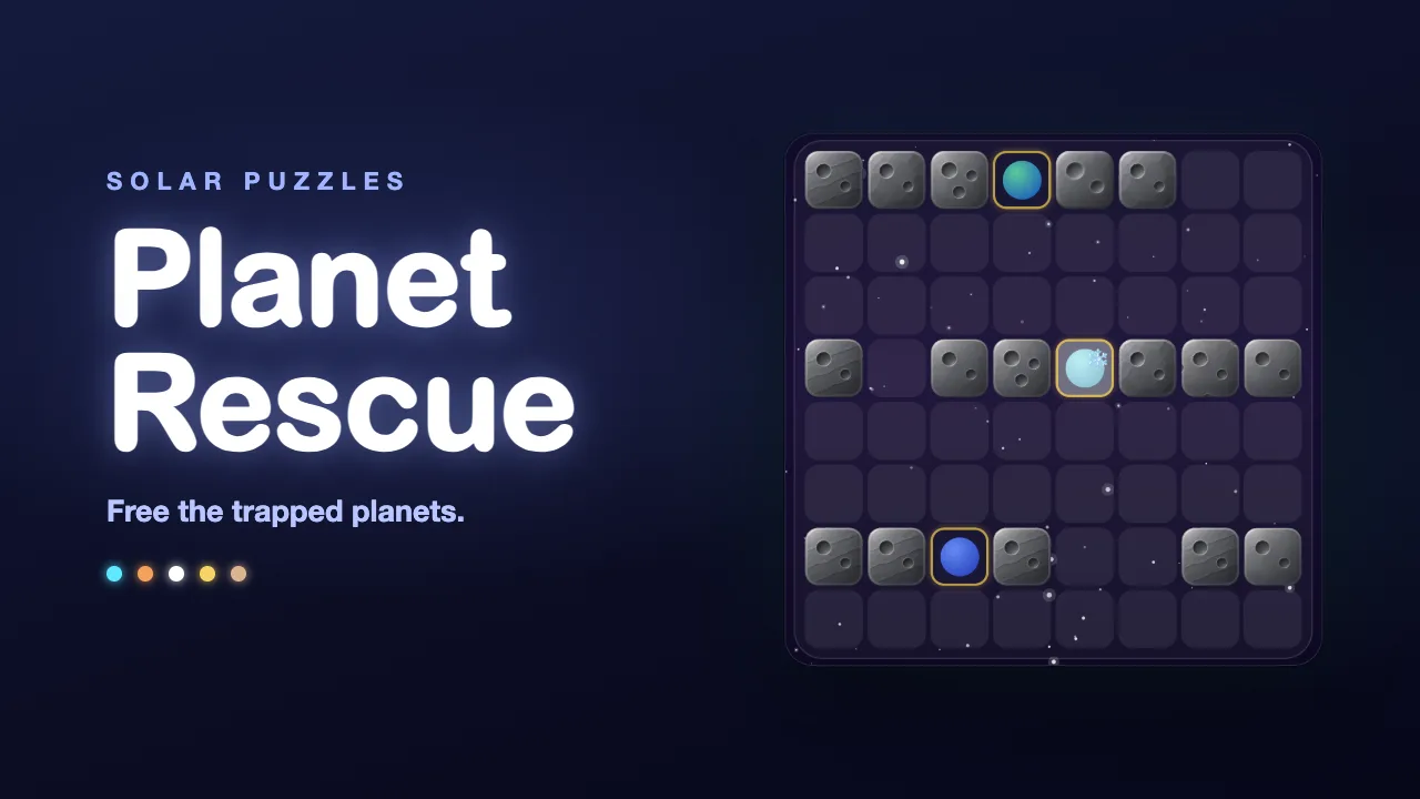 The Planet Rescue cover on YouTube: the title beside a board where three planets sit trapped in rows of grey rock